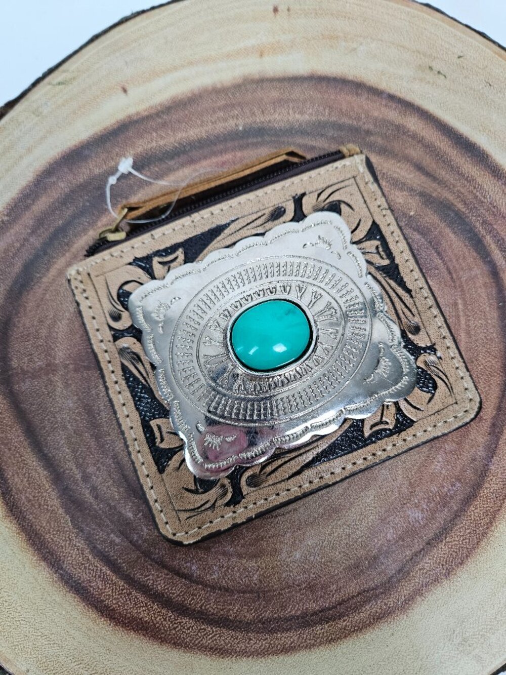 NWT Tooled Leather Silver Tone Faux Turquoise Buckle Zip Card Holder Wallet
